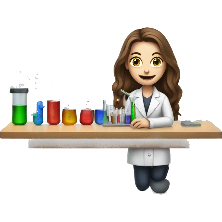 Pale woman with long brown hair at traditional lab bench with beakers and syringes  emoji