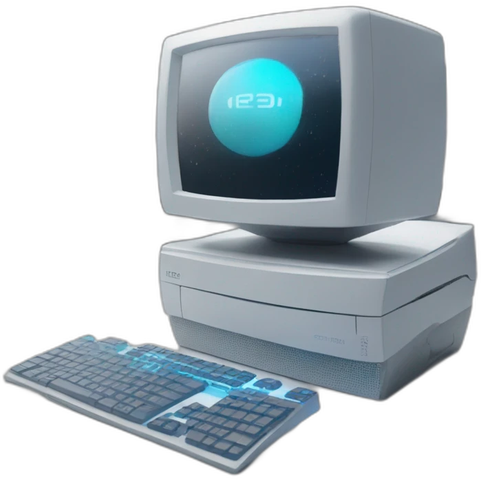 Illustrate a high-performance computer with a holographic display, in a futuristic office." emoji
