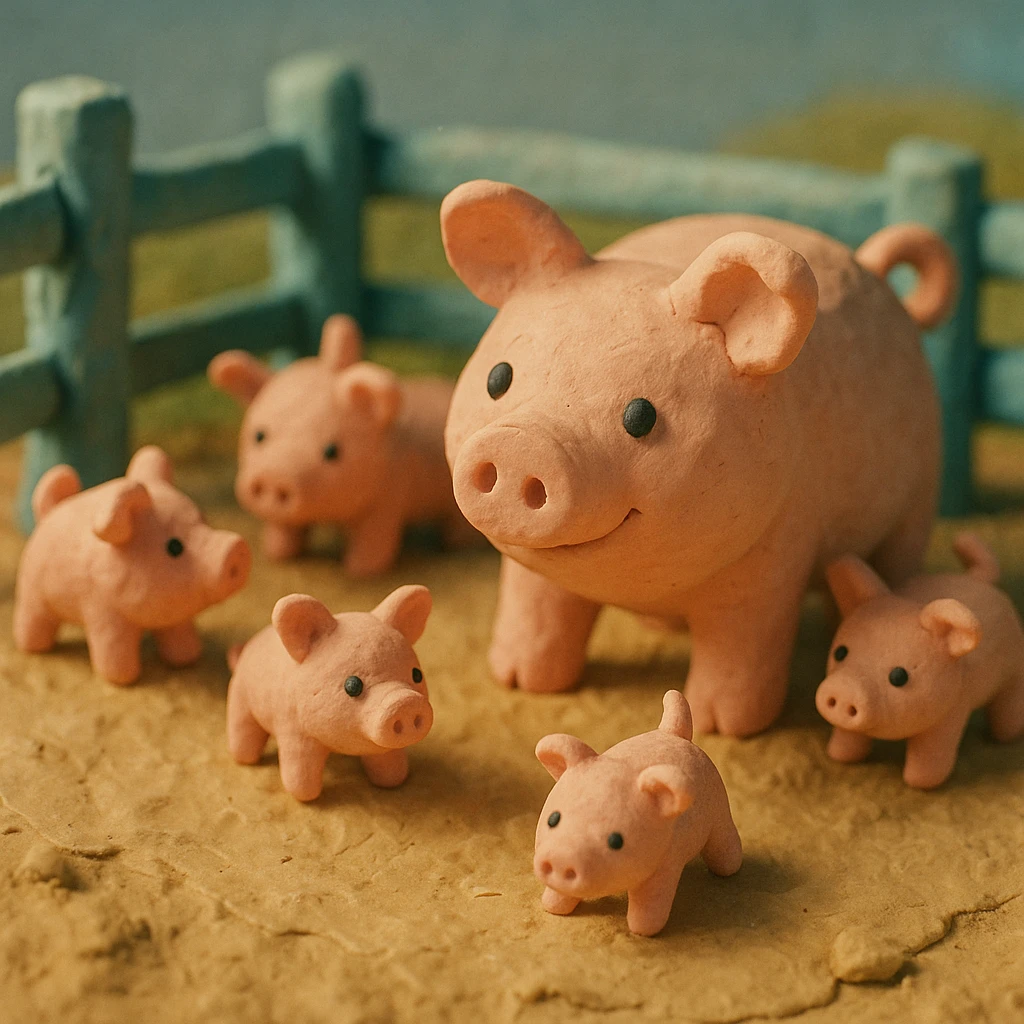 claymation style pig in a pig pen with several piglets, playful, pastel colors, visible fingerprints, textured look emoji