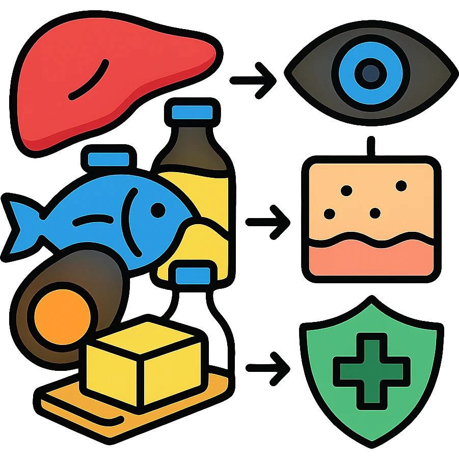Food sources of Vitamin A: liver, egg yolk, cod liver oil, butter, and fish with arrows pointing to eye, skin and immune shield emoji
