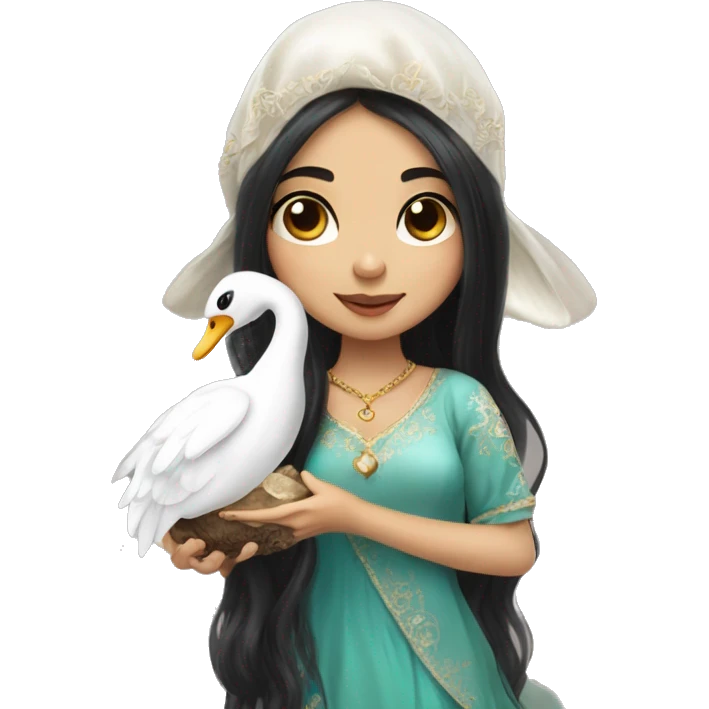 Asian Pakistani girl fairy holding mushroom with swan necklace long black hair and beautiful big eyed emoji