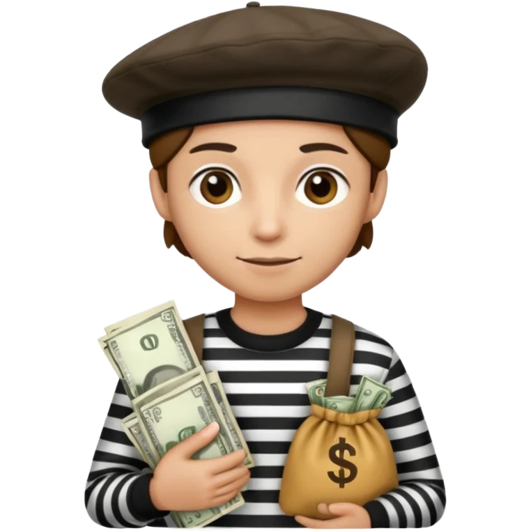 Crea un ladrón con camiseta a rallas blancas y negras con una boina y dos sacos de dinero en las manos emoji