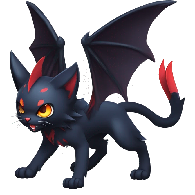   cool edgy beautiful fantasy anime-style dark animal vampiric Litten--cat-hybrid Fakemon with big fangs and bat-wing-ears full body emoji