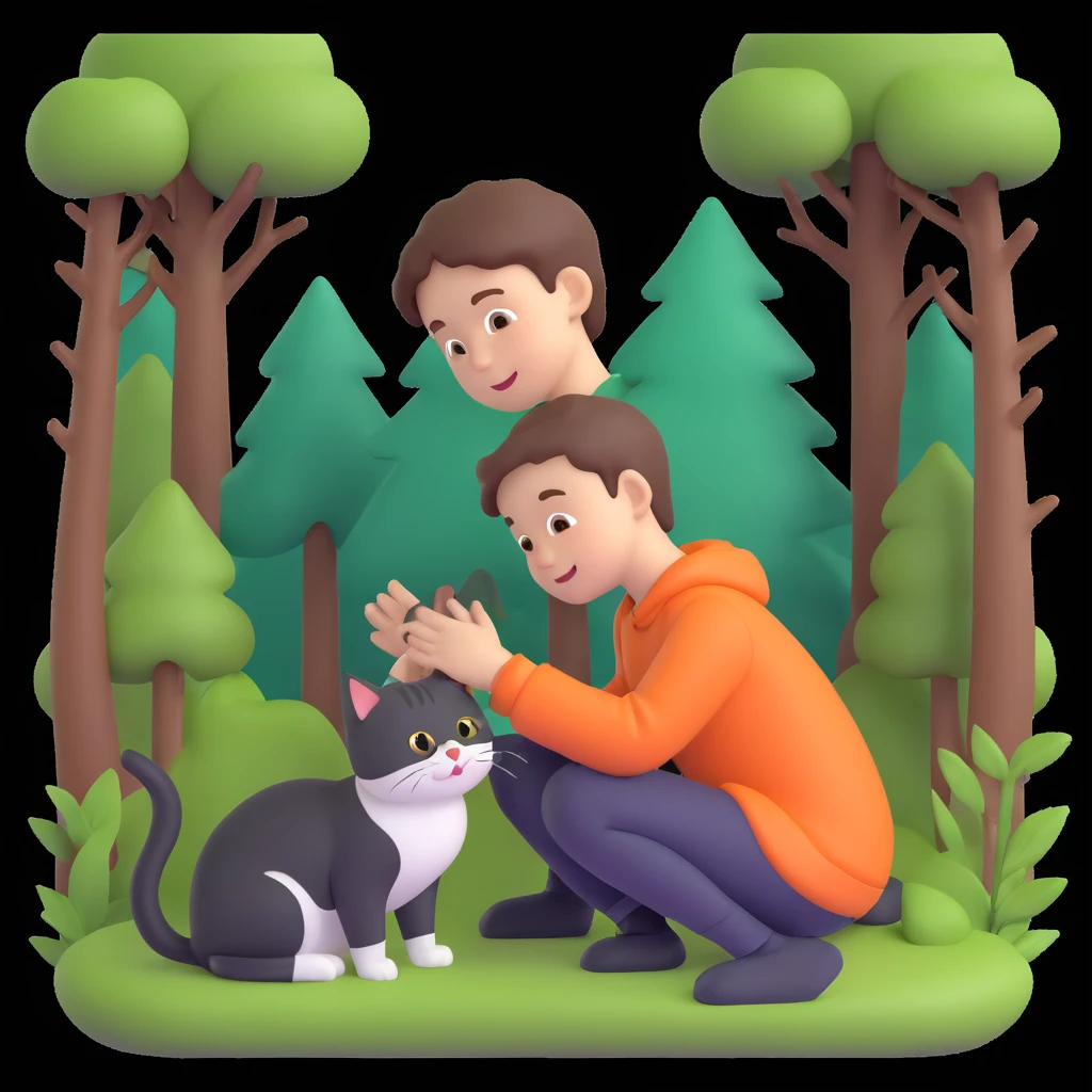 boy and cat pet in forrest background, close up pose emoji