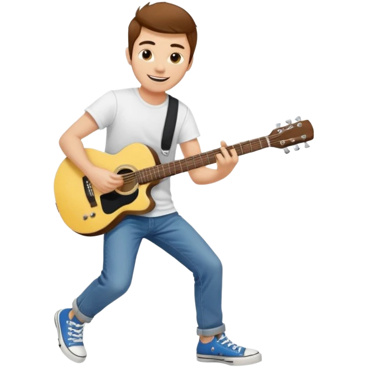 yellow skin Guy with brown hair, white tee, blue jeans and black converse playing a guitar emoji