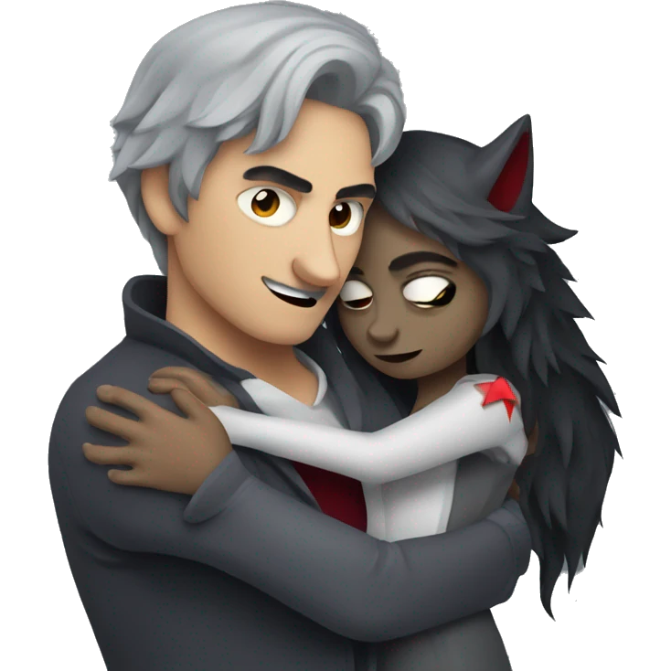 Create a gray wolf hugging a woman disguised as a vampire emoji