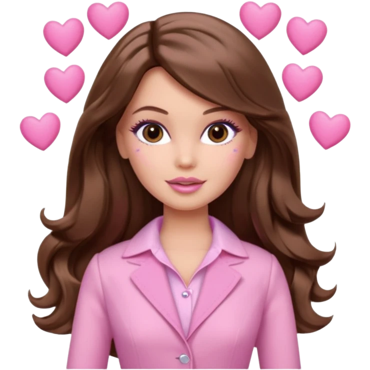 Barbie girl and  makeup , brown long straight wavy hair and brown eyes is In pale pink clothes There are pink hearts all around emoji