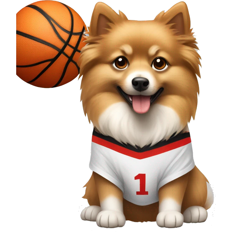 Light brown and white German spitz wearing a basketball jersey with a number one on it emoji