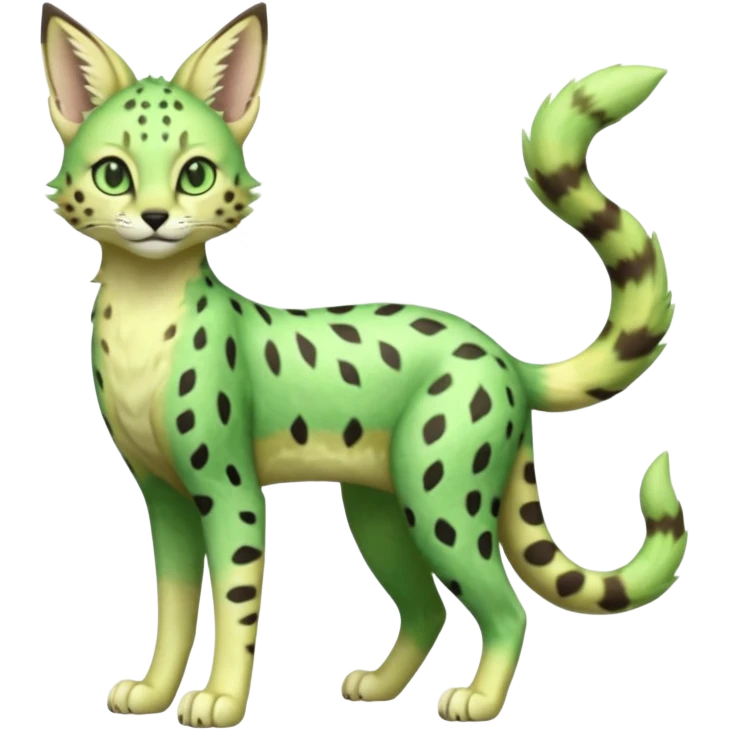 Epic complex detailed emerald-green pastel-lime-green dark-brown beige pastel realistic aesthetic-scenic-Fakémon-Sprigatito-Floragato-Meowscarada-Trico-Sergal-Serval-Vernid-creature (full body) emoji