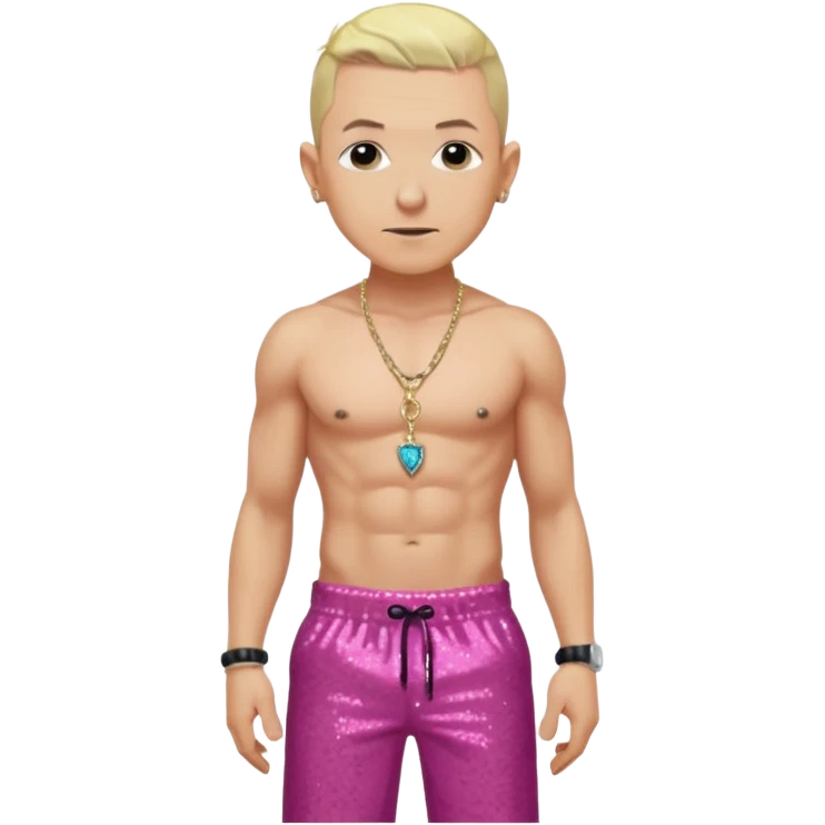 Chester Bennington with blonde hair, dark pink sequin baggy pants, shirtless with necklace  emoji