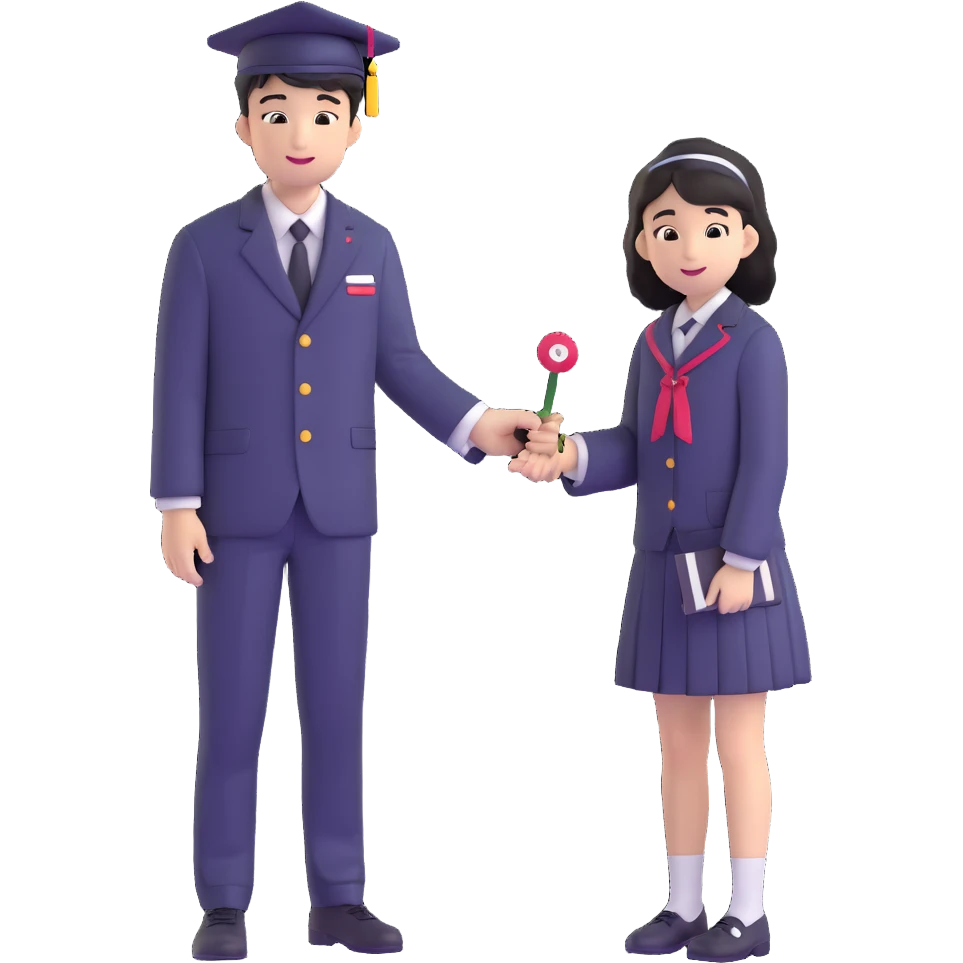 Japanese male high school student giving second uniform button to girl during graduation confession emoji