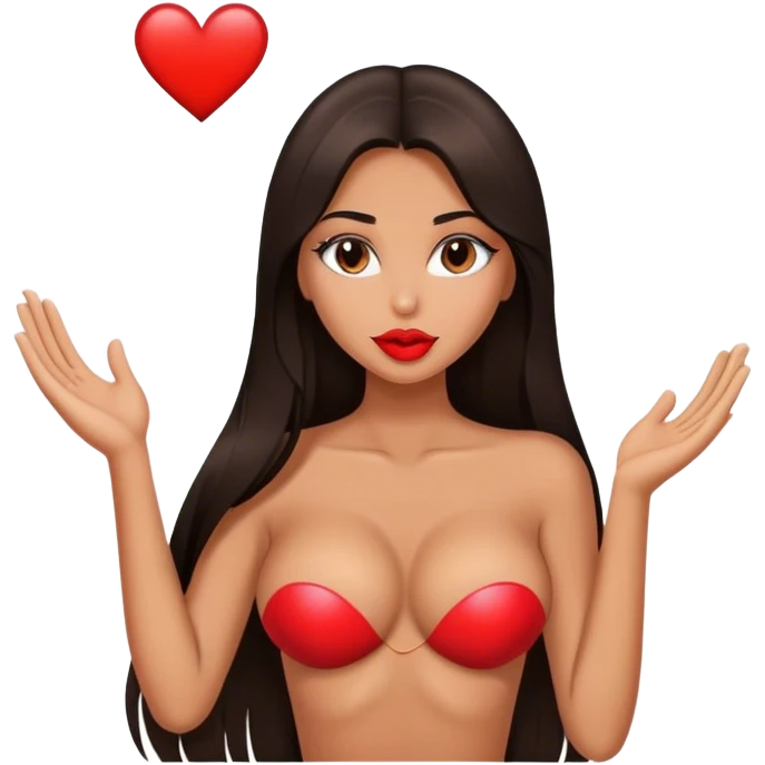 Sexy tanned beautiful girl kiss with pump lips and brunette straight long hair showing heart emoji