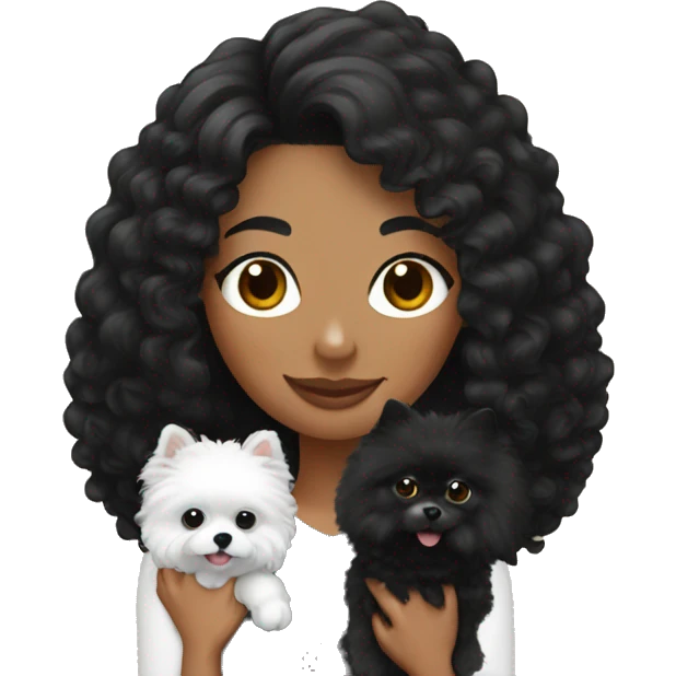 Woman with black curly hair holding black pomeranian emoji