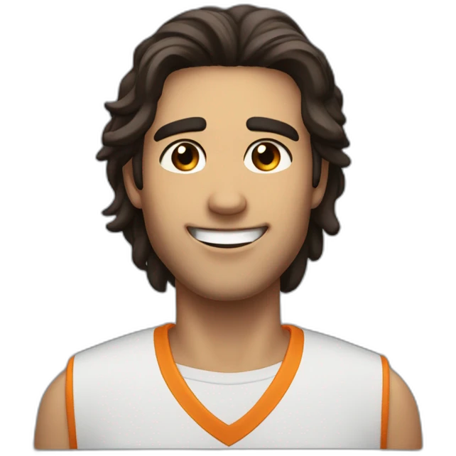He has an athletic presence and a charming smile that lights up his face. He is tall, with shoulder-length dark hair, small brown eyes with a small nose, and a large mouth. emoji