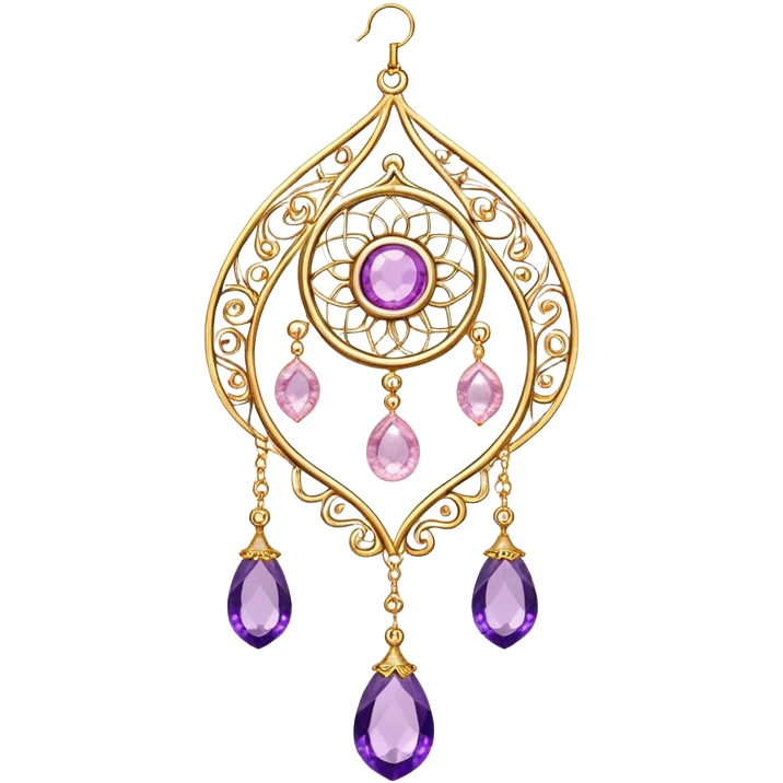 Epic Hanging gold suncatcher, threads with shiny sparkly amethyst and rose-quartz gemstones,  emoji