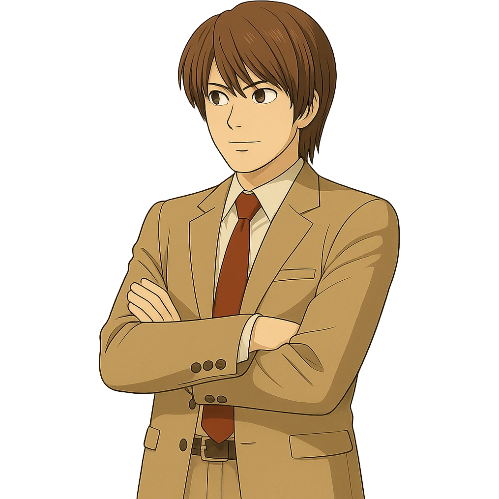 Create an exact Light Yagami in Ghibli style, standing with his arms crossed and looking slightly to the left, wearing the same suit, with the same confident expression. Match the face, hair, and suit details exactly to the reference image. Transparent background. emoji