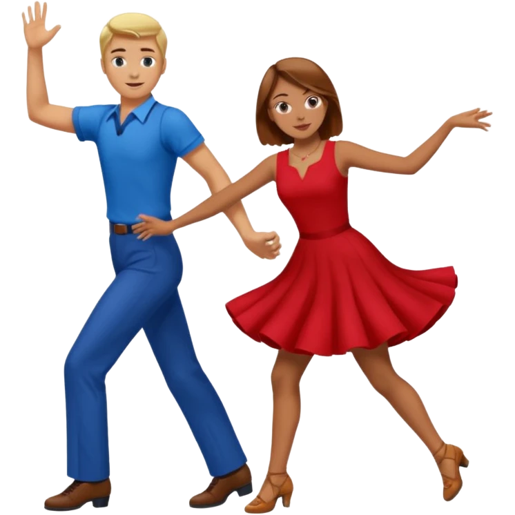Two people. Man  wearing all red  with brown hair. Women iall blue with blond hair. Swing Dancing.  emoji
