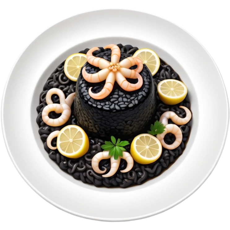cinematic-realistic-black-risotto-dish,-showcasing-small squid pieces-rendered-with-bold-textures-and-dynamic,-dramatic-lighting in a white plate with a grilled lemon on top emoji