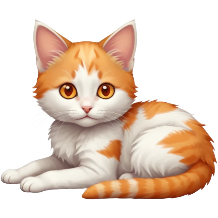 full body of very small + skinny ginger and white kitten with deep orange eyes and triangular shaped face lying down emoji