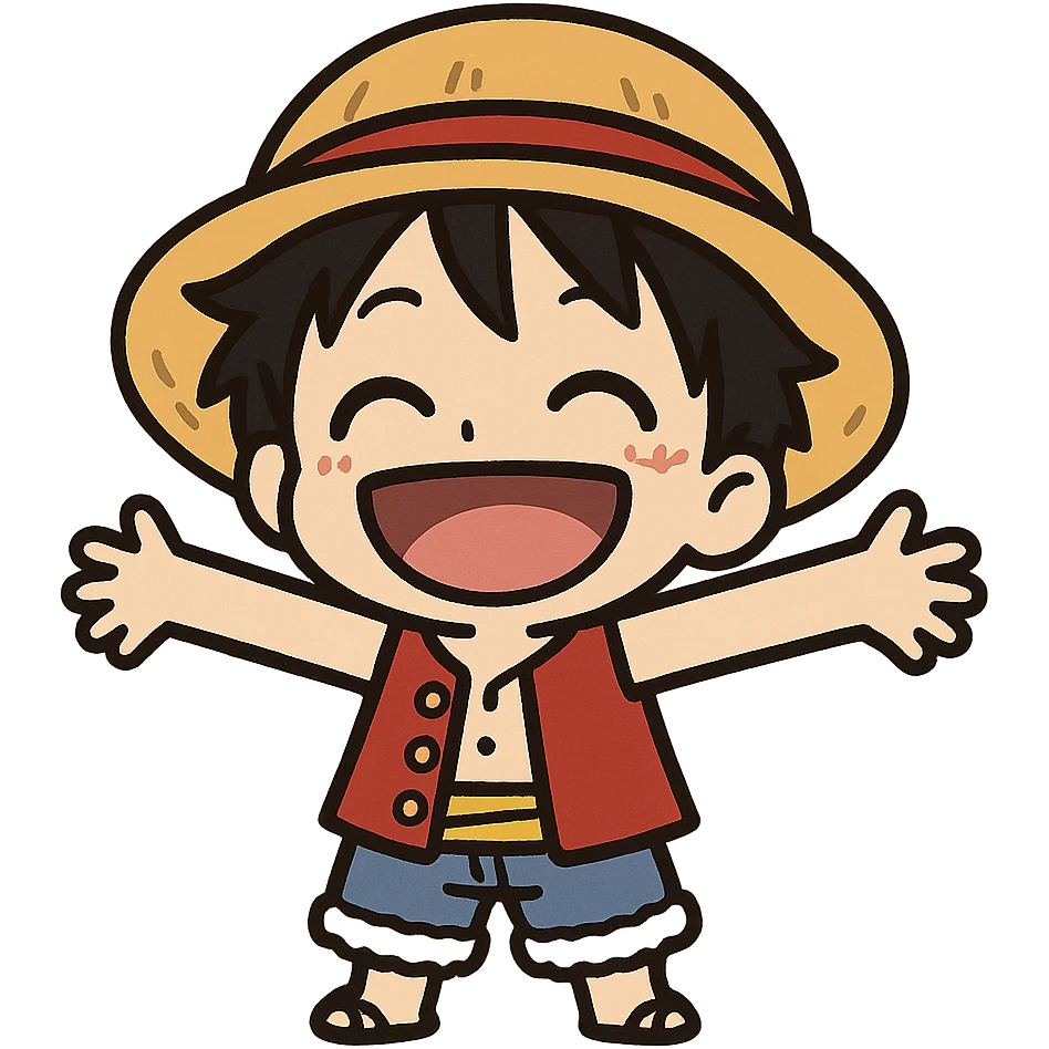 tiny Luffy, straw hat, open arms, joyful expression, simplified features, chibi style, cute character emoji