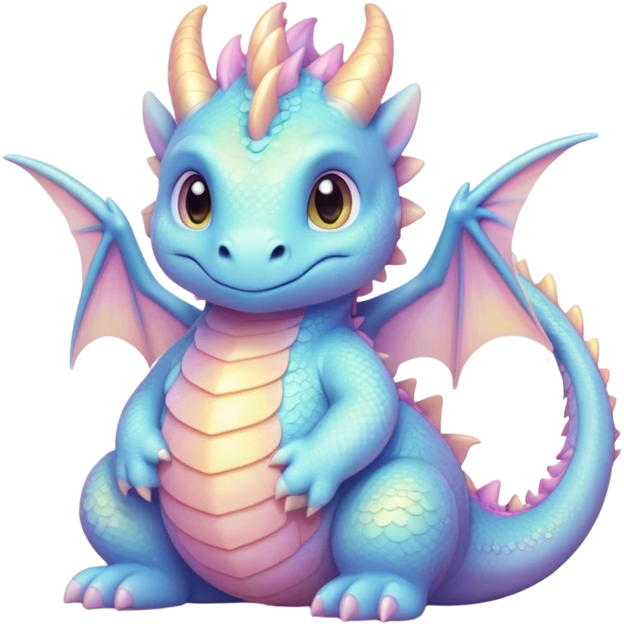 Cinematic fluffy pastel dragon, tiny round wings, chubby feet, sparkling gentle eyes, delicate glowing scales, soft colors blending magically, enchanting and whimsical. emoji