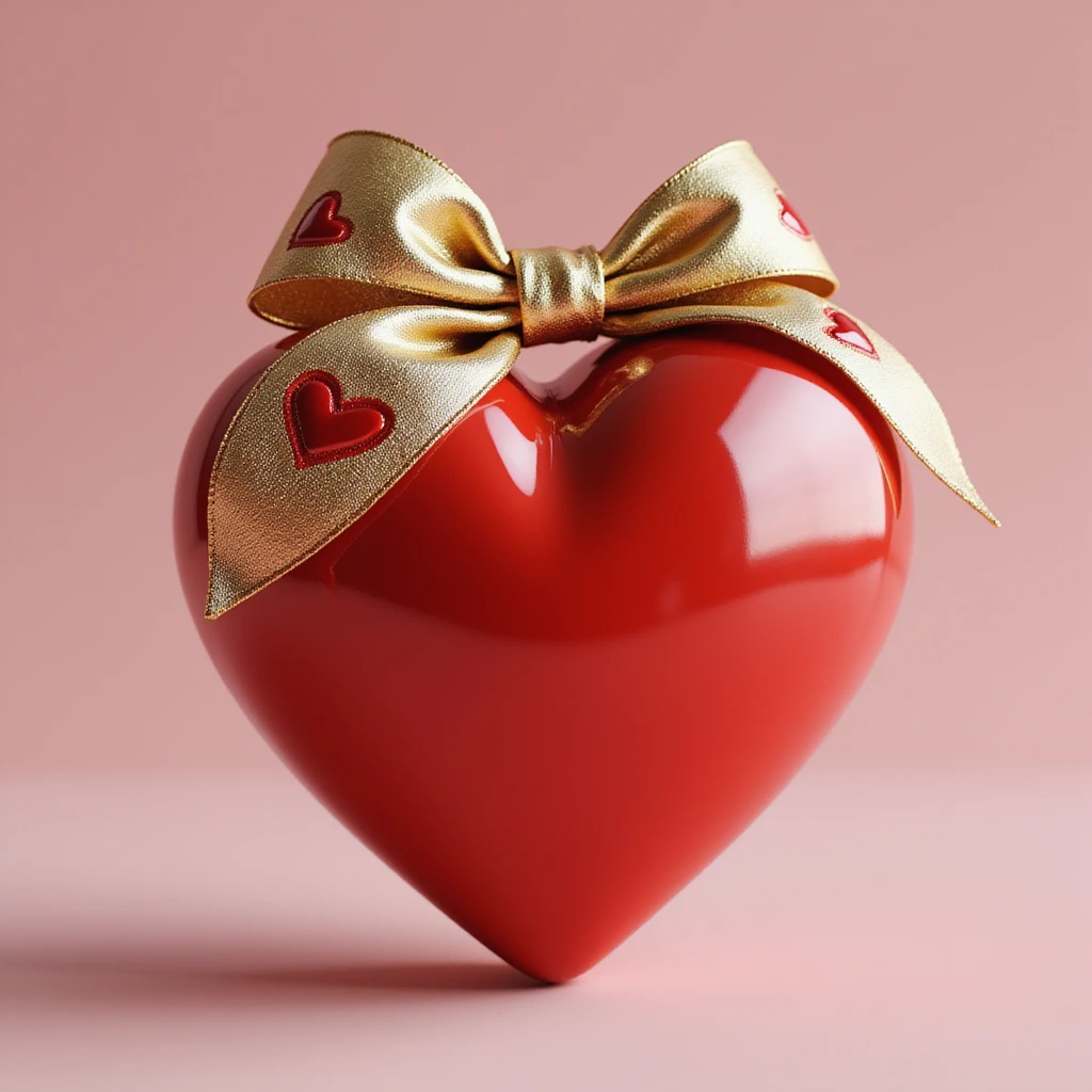 realistic heart with a gold bow decorated with heart pattern on the bow, photorealistic style emoji