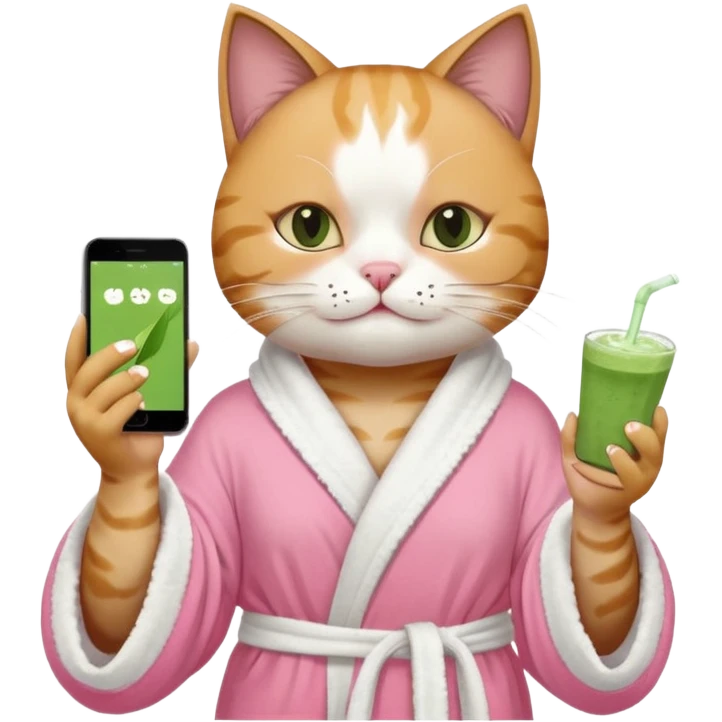 I want a CAT whit a iced macha on her paw and i want her to ne wearing a pink bath rope And she will have a  white face mask on her face and phone on the opisite paw whit the macha emoji