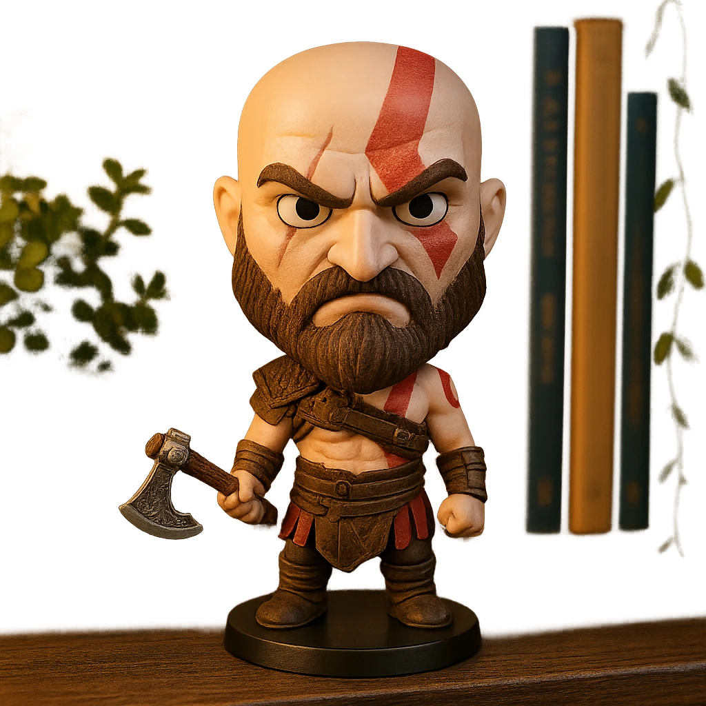 Kratos as a bobblehead with a wobbly head and angry expression emoji