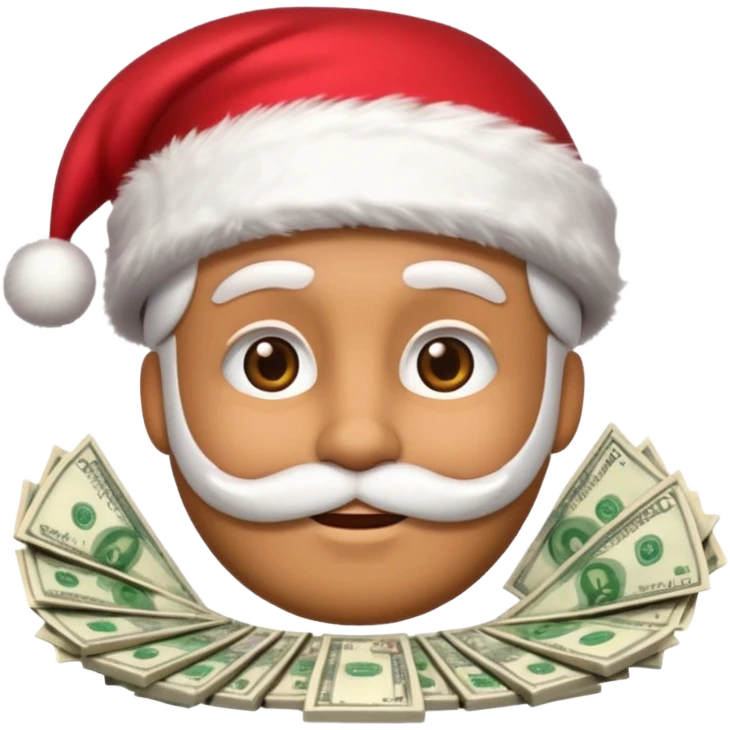 A confident rich emoji face wearing a Santa hat, money stacks, casino vibe, New Year theme, premium 3D emoji style, sharp details, no text, isolated on transparent background emoji
