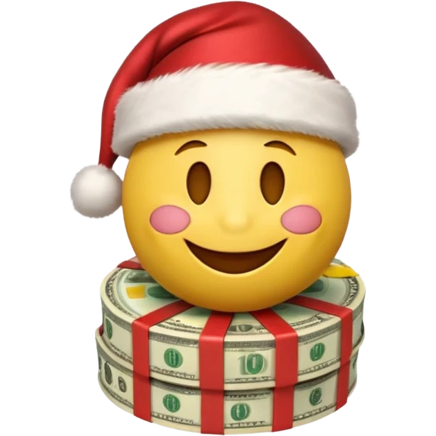 A festive 3D emoji style yellow smiley face wearing a Santa hat, surrounded by stacks of cash and dollar bills, joyful expression, Christmas and New Year theme, high quality, clean design, studio lighting, no text, no background, isolated object, transparent background, emojis.com style emoji