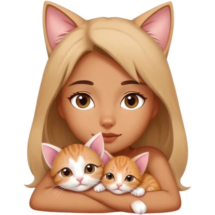 l. A tiny kitten lies on a girl's head, purring softly, making a sweet sight. emoji
