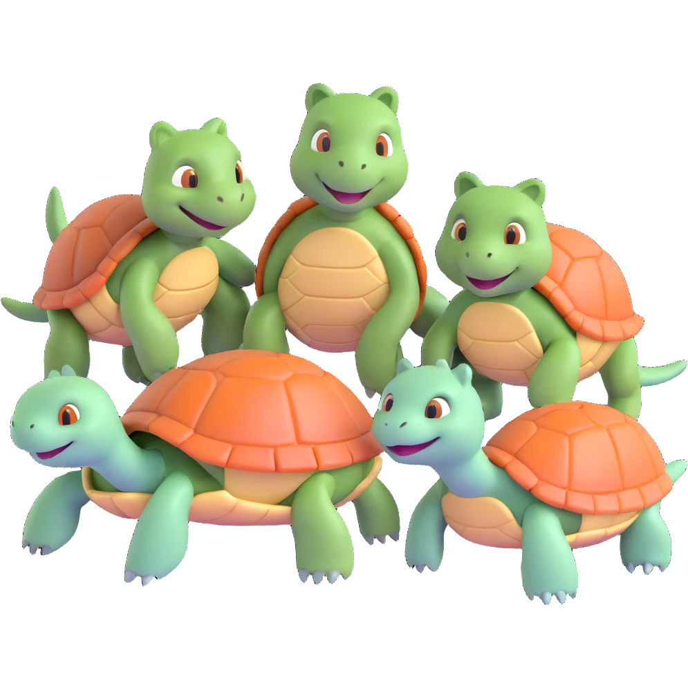 cartoon style emoji showing four turtles together, two regular turtles and two cat-turtle hybrids emoji