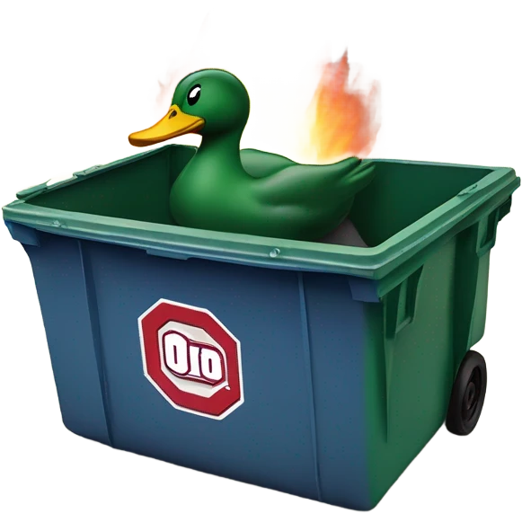 oregon duck in a dumpster fire with the ohio state university logo on the dumpster emoji