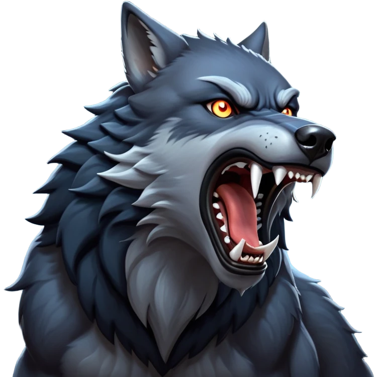 cinematic-noble-fierce-werewolf-howling-portrait-emoji, poised-and-imposing, with a fierce wolfish face tilted upwards in a haunting howl, glowing eyes full of primal ferocity, sharp, and a rugged snout, fur rippling in shades of midnight black and silver, muscles tensed as the powerful howl echoes beneath the moonlit sky; rendered with realism, capturing the raw, untamed power of the beast in its wild, primal state emoji