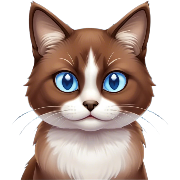 Cinematic Grumpy Brown Mantle Snowshoe Cat Portrait Emoji, Head tilted slightly with a deeply unimpressed expression, rich brown fur blanketing its back, contrasted by its signature white paws, chest, and face, piercing icy-blue eyes narrowed into an unamused glare, Simplified yet comically expressive features, highly detailed, glowing with a dry, sarcastic glow, high shine, effortlessly judgmental yet dignified, stylized with a touch of cynicism, bright but brooding, soft glowing outline, capturing the essence of an eternally unimpressed yet endearing feline, so lifelike it feels like it could sigh heavily at you in disdain at any moment! emoji