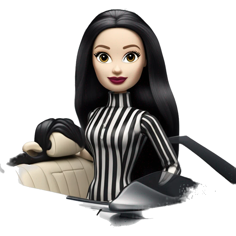 Darth Vader Barbie, 1910 teen Morticia Addams from academy, in dark-gray and black striped outfit. Smiling Driving Mercedes convertible sports car. Pale-white porcelain skin.  emoji