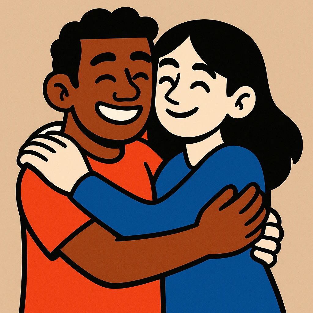 brown-skinned man and white-skinned woman with black hair hugging, cartoon style, neutral background emoji