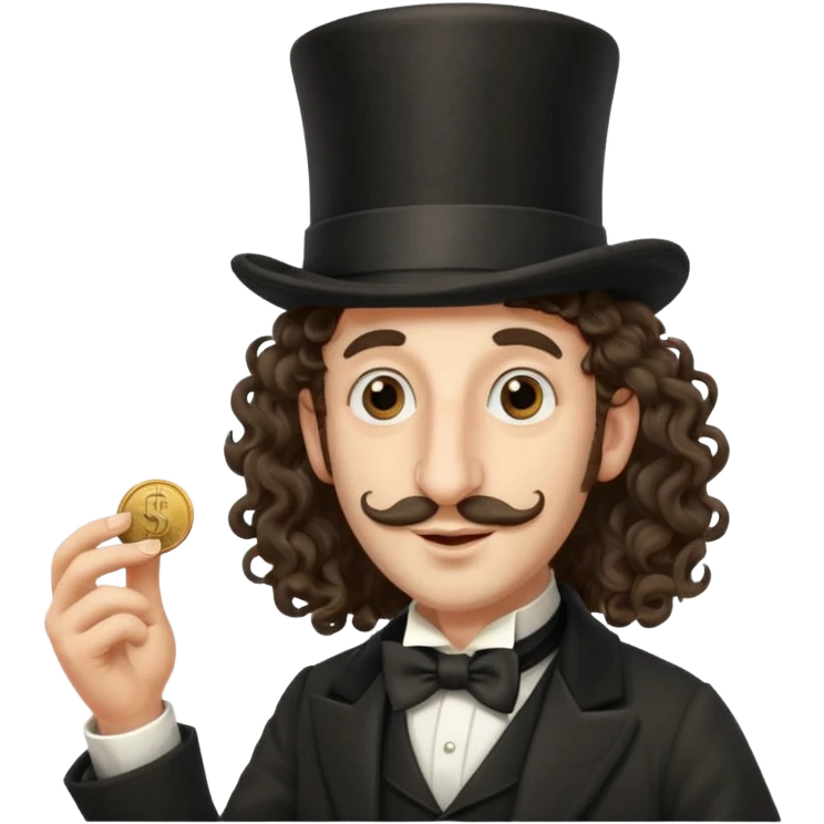 Jewish man with a long nose that sticks out a top hat slightly long curly hair and a penny in his hand emoji