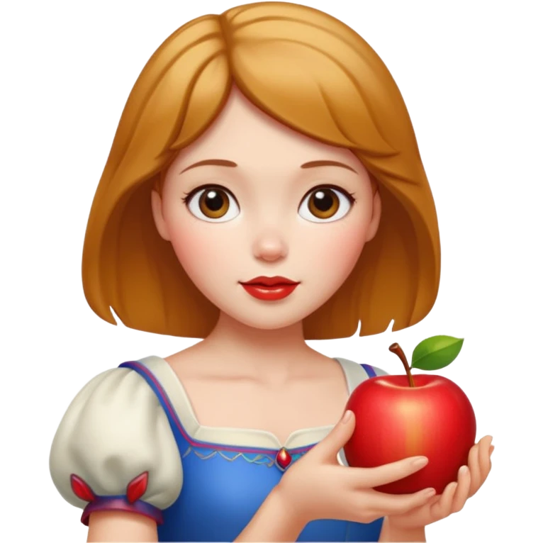 Create an emoji of Snow White holding a red apple, with short golden-brown hair. emoji