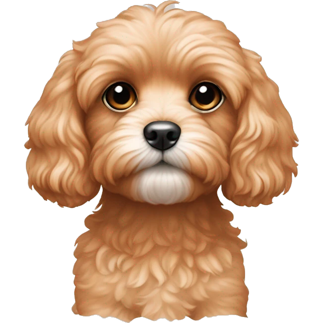 Cavoodle's face and shoulders are covered in light apricot fur, with subtle cream highlights around the eyes and on the lower parts of the face, giving it a warm, expressive look. emoji