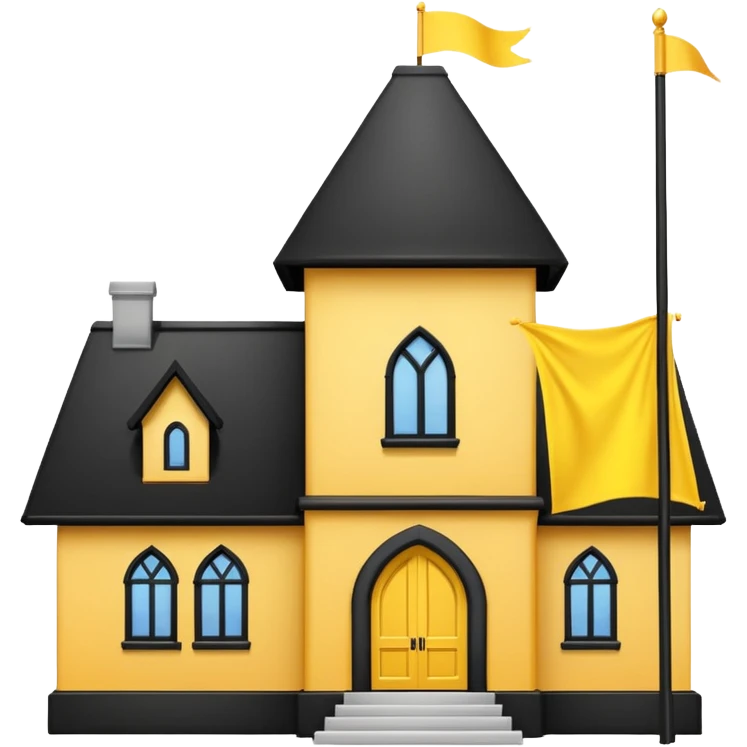 simple magic school, white background, magic school, black roof, with a big flag, big flag on a roof, big yellow flag, white school emoji