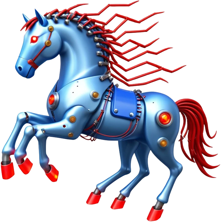 fast electric horse made of electricity, metal plates, bolts, visible blue and red wires, lightning surrounding it emoji