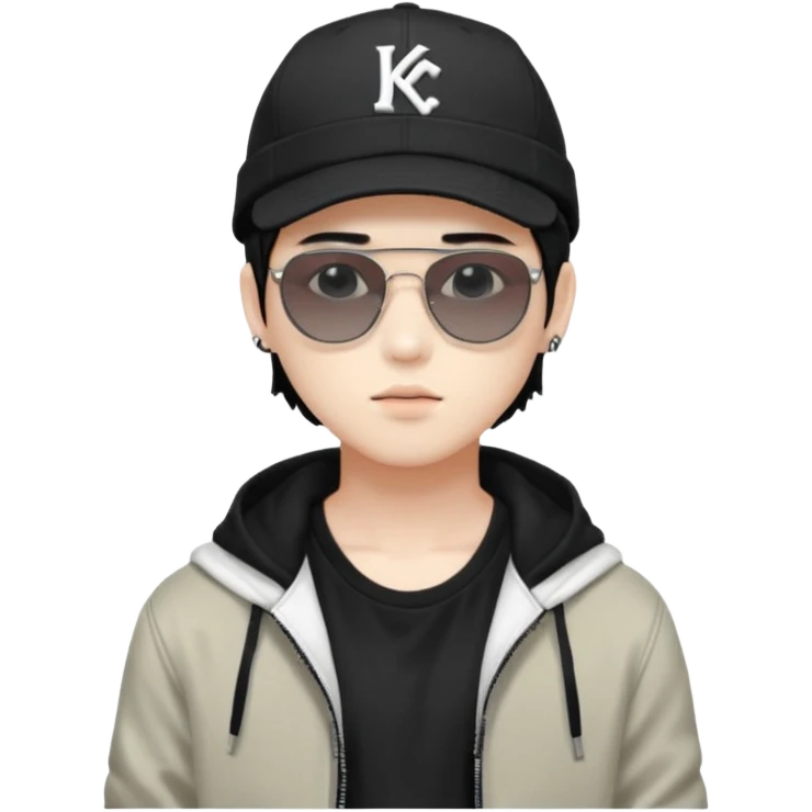 Portrait of a male K-pop idol, white skin, wearing a stylish streetwear outfit with layered clothing, makeup, wearing a black cap, sunglasses emoji
