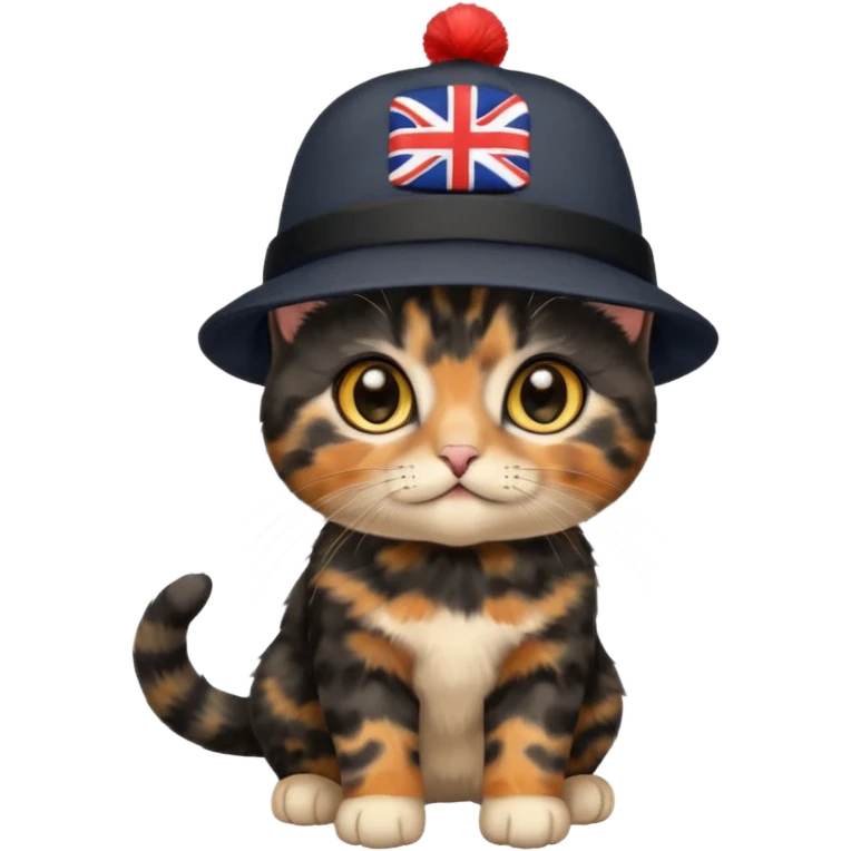 Cute black tortoiseshell kitten wearing a british hat, golden eyes emoji