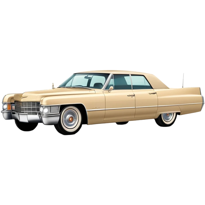 Streamlined beige 1966 Cadillac DeVille, minimal design language, 30-degree view showing simplified front and side, Once Upon a Hollywood reference, iOS emoji style emoji