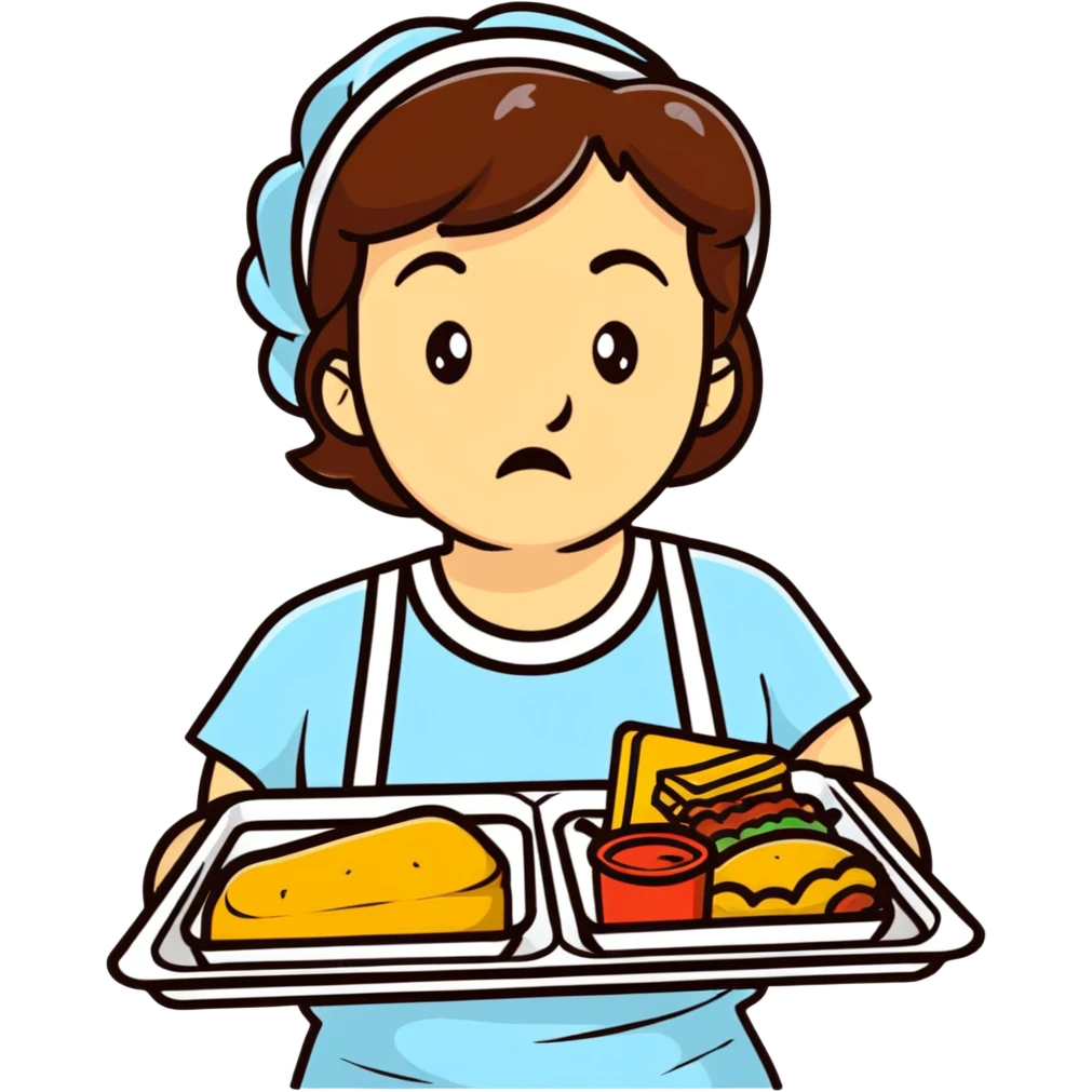 cartoon sticker of a lunch lady with a disgusted expression, holding a tray of gross food emoji