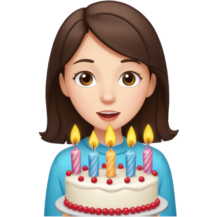 brunette girl blowing out candles on a birthday cake, joyful, party decorations emoji