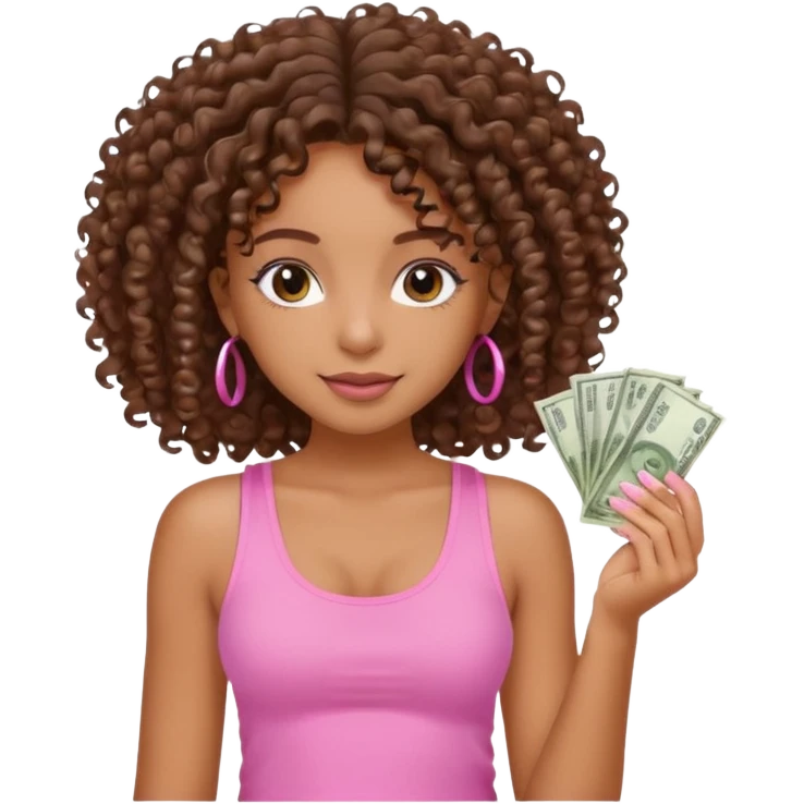 Uma menina com o cabelo cacheado é morena, e com uma regata rosa com unha em gel, é com Baby hair ,e com dinheiro na mão ,𓍢ִ໋🀦⃝🪼〰꩜ emoji