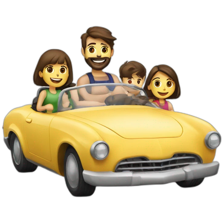 Brunette-bearded man-and-brunette-girl along with 2 boys -roadster-car made of food -driving emoji
