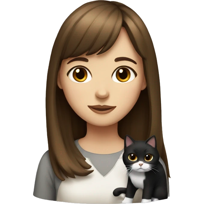 A brown haired girl with bangs with a black and white cat  emoji